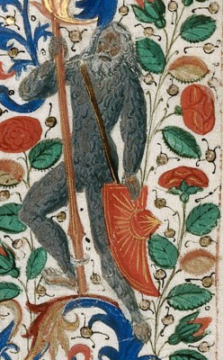 Wodewose holding the arms of England, La Bible Historiale, c. 1470–79, Southern Netherlands, Royal MS 15 D I, f. 18