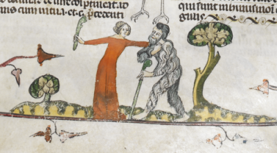 Woman demonstrates displeasure at wodewose's advances, Smithfield Decretals, Southern France (?Toulouse), c. 1300–1340, Royal MS 10 E IV, f. 73r