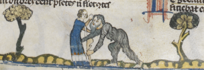 Wodewose reaches lovingly for woman, Smithfield Decretals, Southern France (?Toulouse), c. 1300–1340, Royal MS 10 E IV, f. 74r