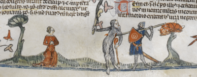 Yet again wodewose gets speared for his trouble, Smithfield Decretals, Southern France (?Toulouse), c. 1300–1340, Royal MS 10 E IV, f. 101