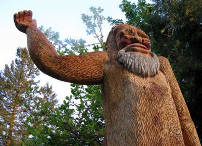 A huge (like in 12 foot tall) carved wooden Bigfoot statue that stands tall at the Espresso Chalet in Index. Chronicle photo