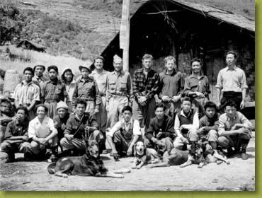 Peter Byrne's Yeti expedition group with their tracking dogs at<br />Walung on the west side of the Arun River Valley in the north-<br />eastern Himalaya